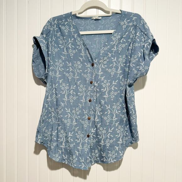 Kindred Tops - Kindred Blue Embroidered Button Front Blouse Cuffed Sleeves Size Petite Large